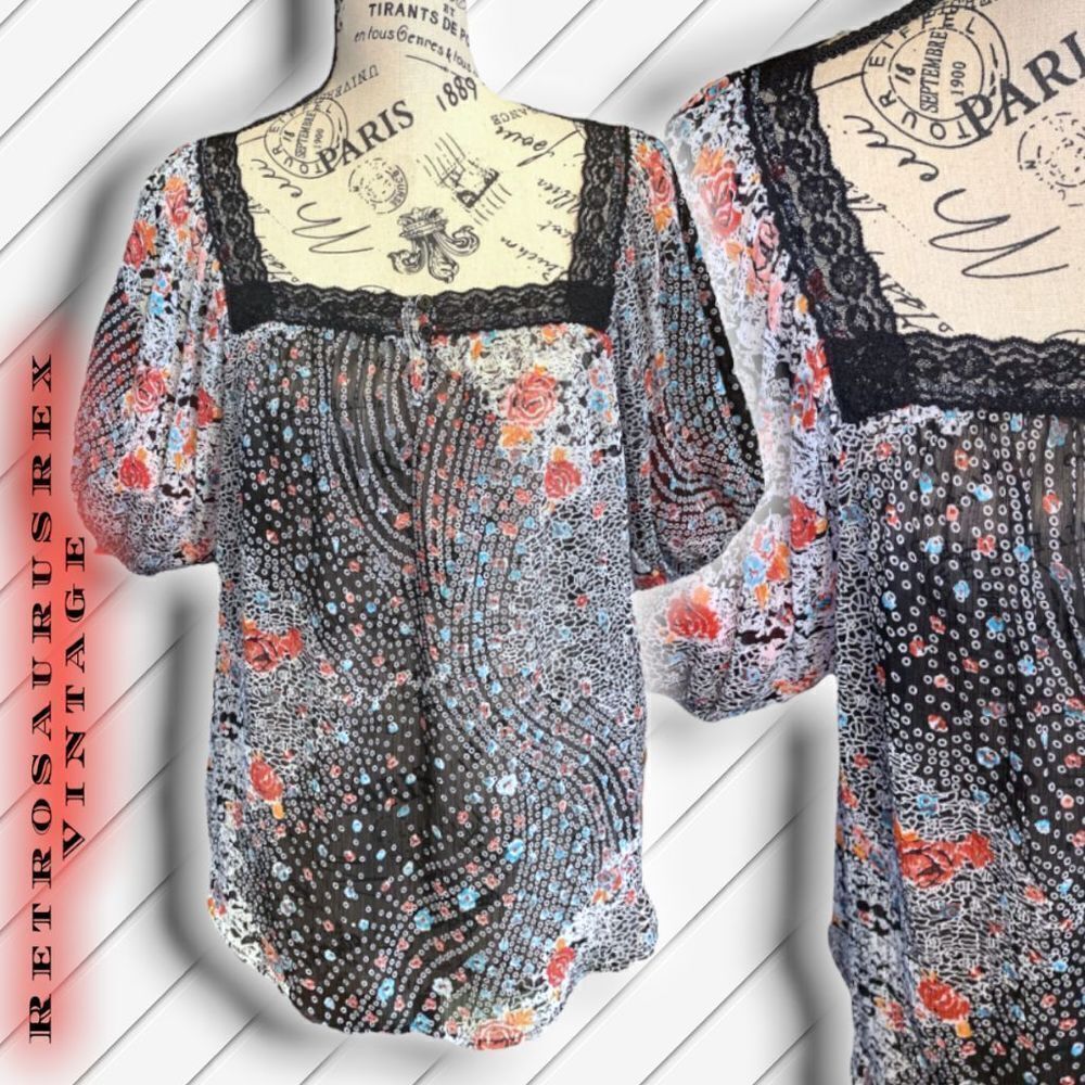 𝅺love Squared Boho Puff Sleeve Semi Sheer Peasant Blouse, Medium